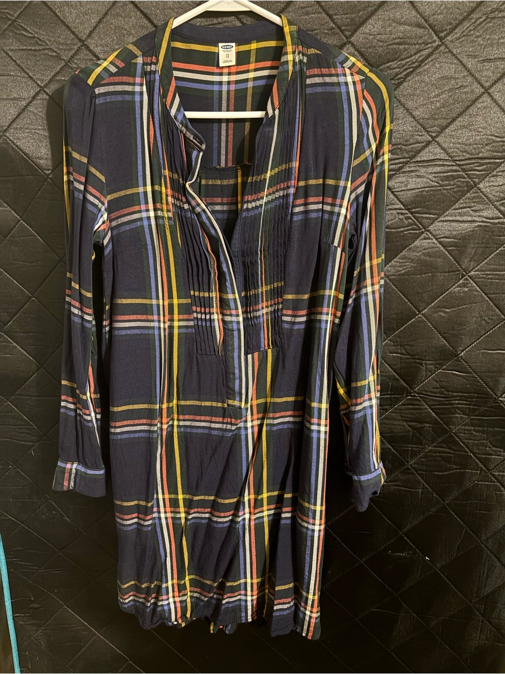 Navy Plaid Long-Sleeve Dress with Yellow & Red Stripes